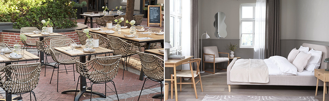 JYSK BUSINESS TO BUSINESS - for all companies An outdoor eating area at a restaurant and a bedroom filled with JYSK furniture side by side